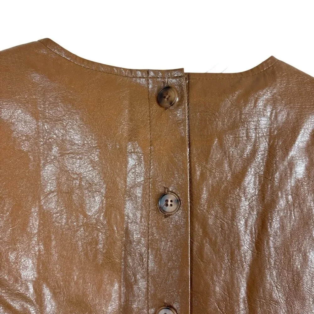 Mignon Doo Cropped Faux Leather Shiny Buttoned Blouse Top Brown Size Small